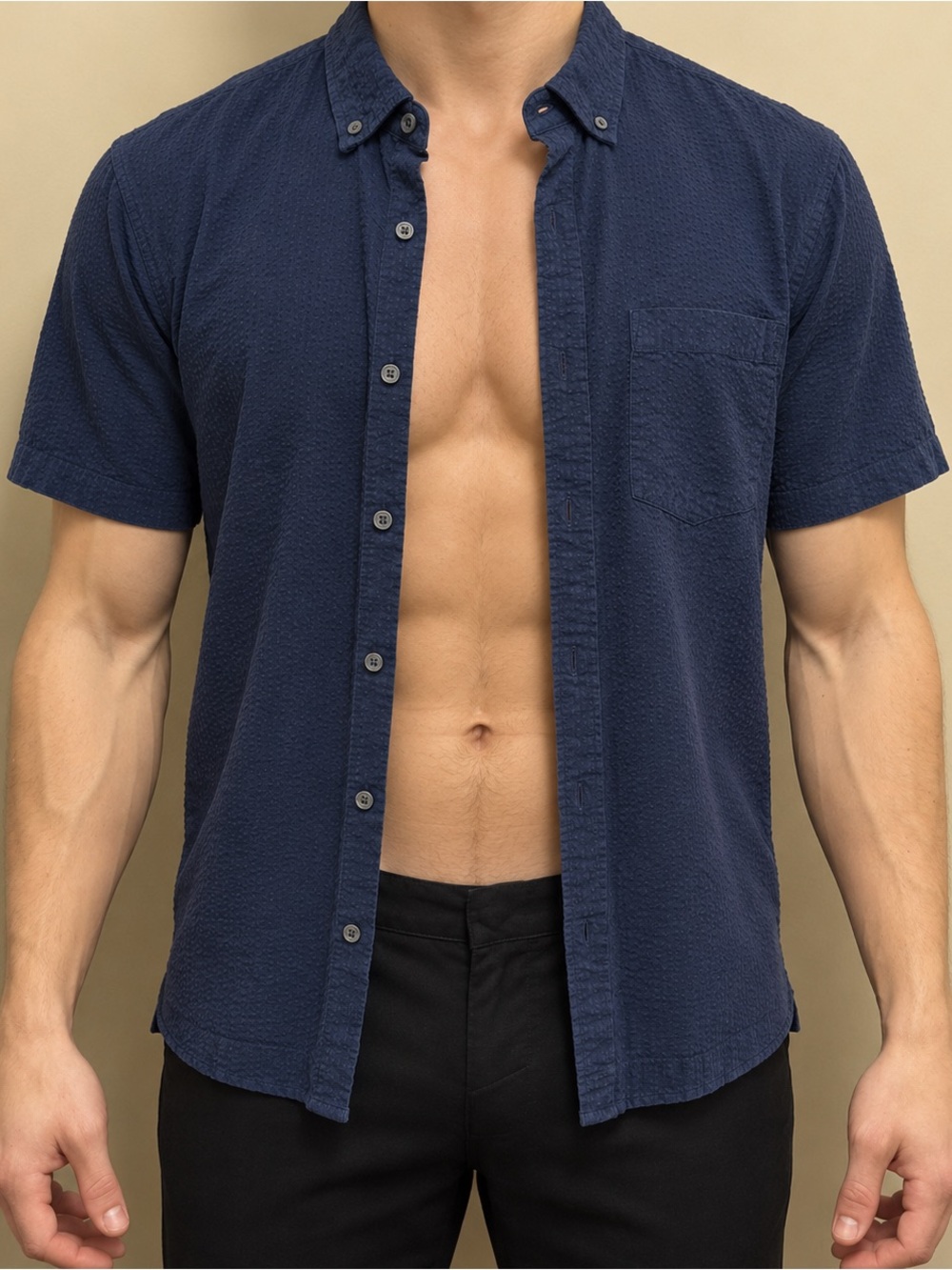 Banana Republic Navy Seersucker Textured Short-Sleeve Button-Down Shirt